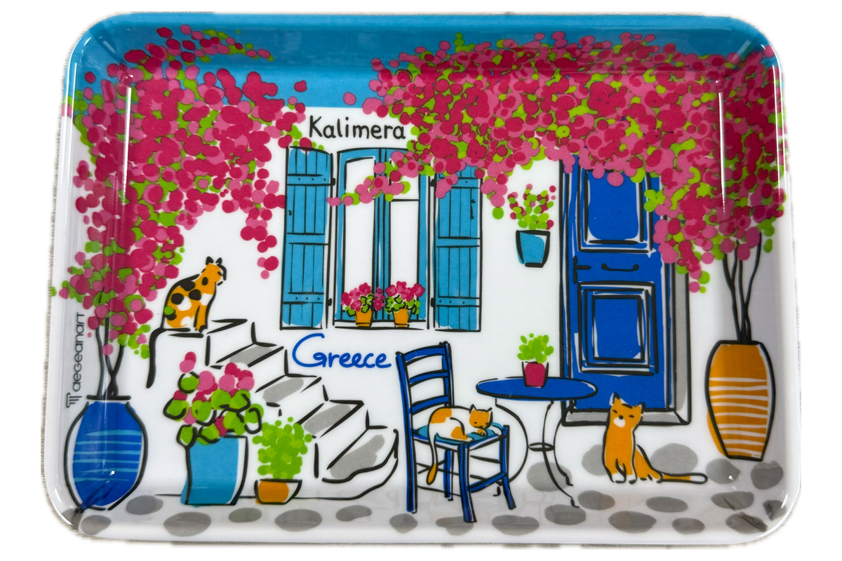 Klein dienblaadje Grieks tafereel kalimera