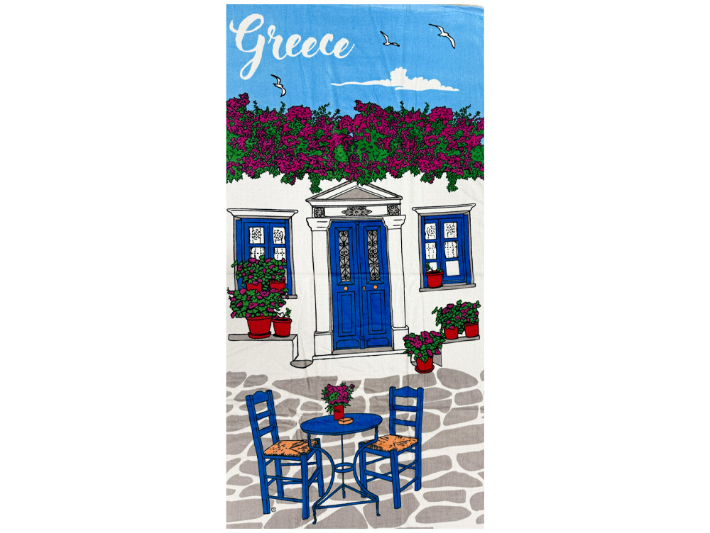 Strandhanddoek Griekse stoelen blauwe deur
